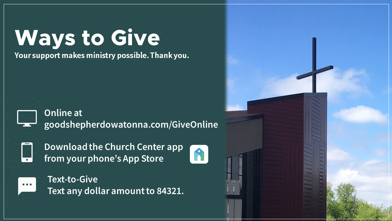 A photo of the church with a list of different ways to give: online and text